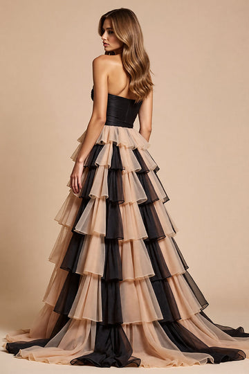 Black and Pink Tulle A Line Long Prom Dress with Slit
